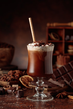 Hot chocolate topped with whipped cream and sprinkled with chocolate chips. A chocolate drink featuring ingredients set against a vintage brown background.の写真素材