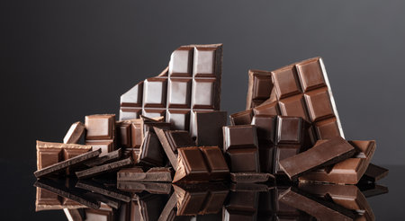 Broken bitter and milk chocolate bars on a black reflective background. Copy space.の写真素材
