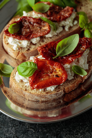 Tasty ciabatta with sun dried tomatoes in olive oil, ricotta and basil. Traditional Italian snack on a metal tray.の写真素材