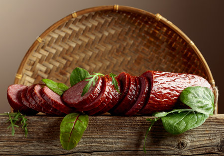 Sliced salami with greens on an old wooden board.の写真素材