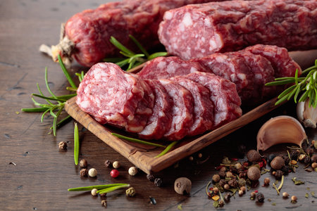 Sliced smoked sausage with herbs and spices on a wooden table.