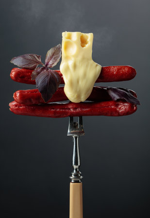 Grilled thin sausages with melted cheese and basil.の写真素材
