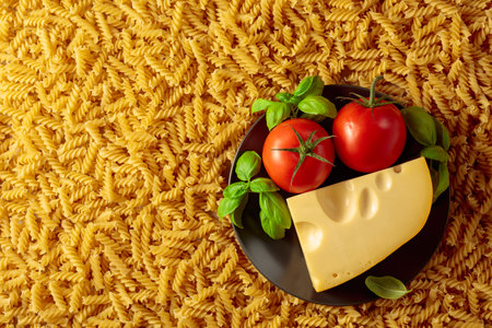 Uncooked fusilli pasta with tomatoes, basil and cheese. Italian cuisine. Top view.の写真素材