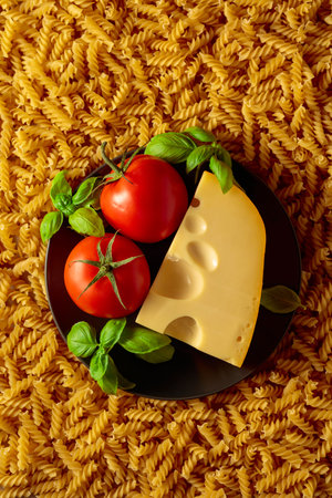 Uncooked fusilli pasta with tomatoes, basil and cheese. Italian cuisine. Top view.の写真素材