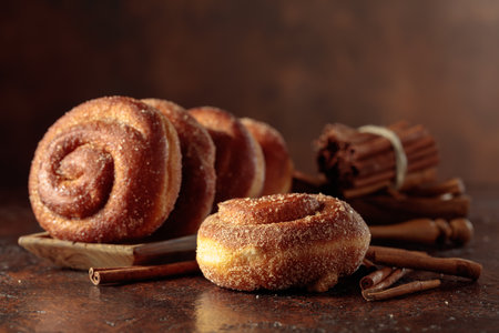 Unique Swedish cinnamon rolls on a brown background. Copy space.の写真素材