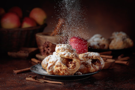 Homemade mini apple strudels with apples and cinnamon. Fresh baked goods sprinkled with powdered sugar. Viennese pastry.の写真素材