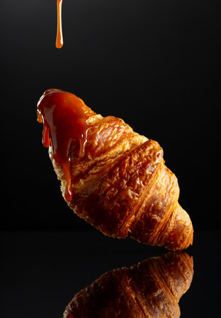Fresh baked croissant with caramel sauce on a black reflective background.の写真素材