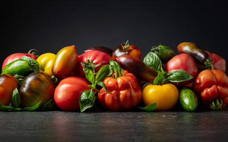 Different varieties of tomatoes and basil leaves on a black background.の写真素材