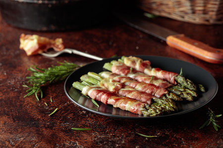 Grilled green asparagus with bacon in black plate on a brown vintage background.の写真素材