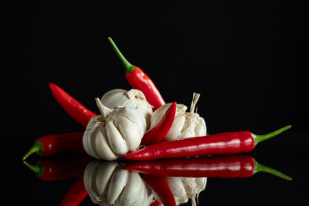 Garlic bulbs and red chili peppers on a black reflective background.の写真素材
