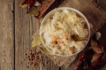 Traditional German sauerkraut with spices on an old rustic wooden table. Top view.の写真素材
