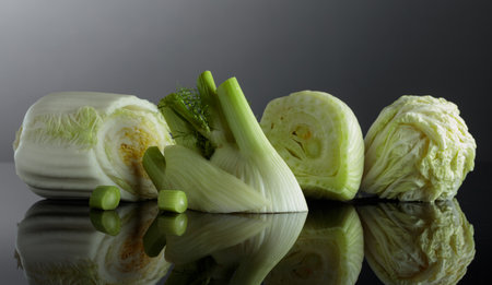 Fresh fennel bulb with green stalks and Chinese cabbage on a black reflective background.の写真素材