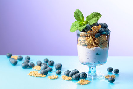 Blueberry dessert with rye flakes and fresh berries. Concept of eco food. Copy space.