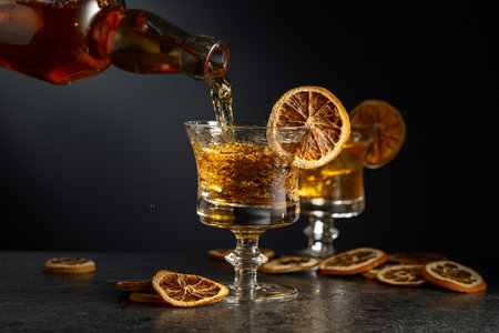 Rum or liqueur is poured from a bottle into a glass. Glasses garnish with dried orange slices.