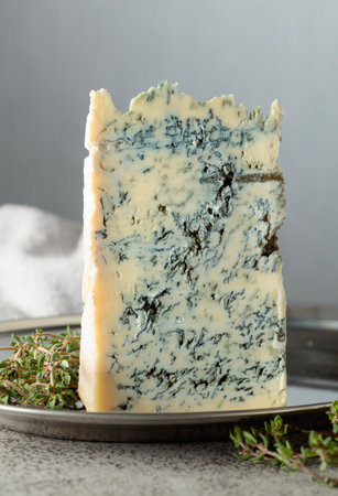 Gorgonzola and thyme on a gray stone table. Copy space.