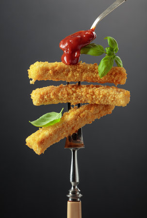 Fish fingers with basil and ketchup on a black background.
