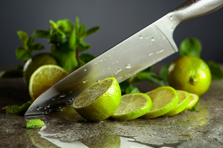 A knife, slices of lime and sprigs of fresh mint on a wet stone table.の写真素材