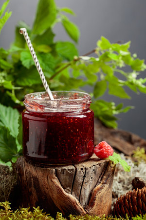 A jar of raspberry jam with fresh berries on an old tree trunk in the forest. A concept of healthy,...