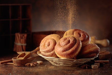 Swedish cinnamon buns on a brown background. The buns are sprinkled with cinnamon powder. Copy space.の写真素材