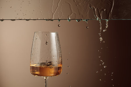 Wine flows down into a glass. Beige background with copy space.の写真素材