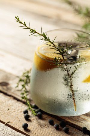 Alcohol drink (gin tonic cocktail) with lemon, juniper branch, and ice on rustic wooden table, copy...