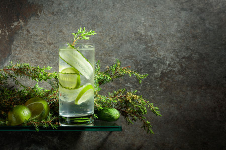 Gin and Tonic with ice, lime, cucumber, and juniper. Iced drink in a misted glass on an old stone...