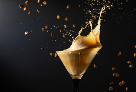 Coffee liquor with splashes on a black background. Copy space.
