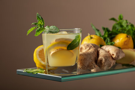 Ginger ale beer cocktail with lemon and mint in a frozen glass. Refreshing summer cocktail with...