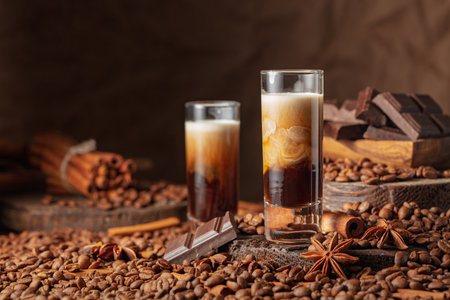 Coffee beans, cinnamon, anise, and pieces of bitter chocolate are scattered on the table.
