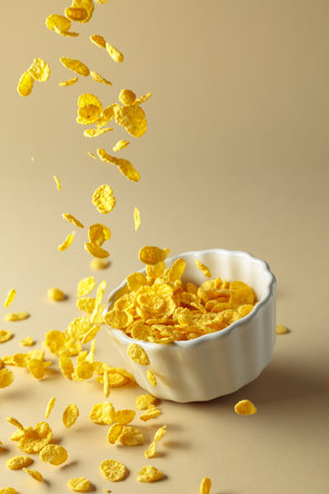 Dry honey cornflakes fall into a ceramic plate. The concept of healthy eating, vegetarian and vegan...