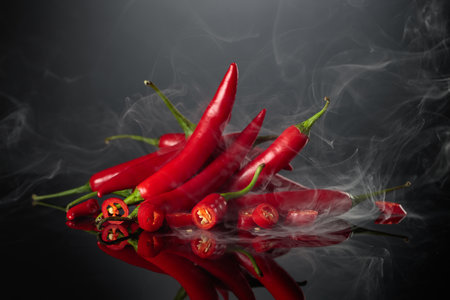 Fresh red chili peppers with green stems on a black reflective background. Smoking peppers, a...