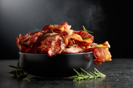 Fried bacon in a black dish with rosemary against a black background, with copy space.