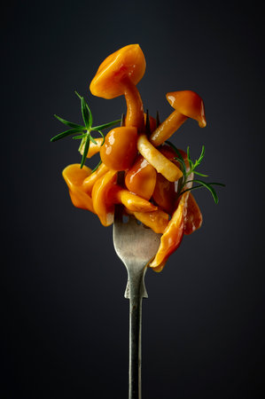 Pickled honey mushrooms garnished with rosemary. Honey mushrooms on a fork.の写真素材