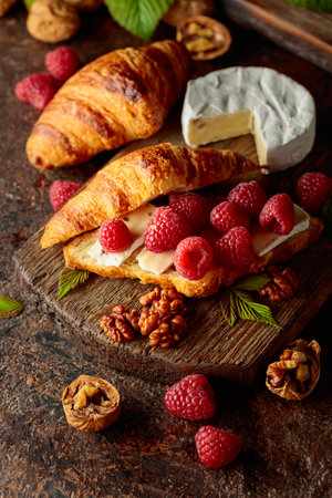 Croissant with camembert cheese, fresh raspberries and walnuts on a brown vintage table.の写真素材