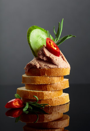 Bread slices with pate, cucumber, red pepper, and rosemary. Snack on a black reflective background.