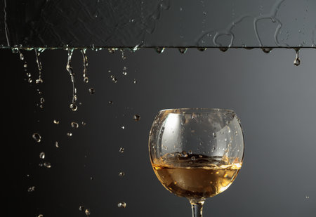 White wine flows down into a glass. black background with copy space.の写真素材