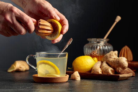 Ginger tea with lemon and honey on a black background. Juice is squeezed out of a lemon with an old wooden juicer.の写真素材