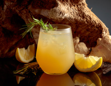 Ginger iced cocktail. Homemade lemon and ginger organic drink, copy space.の写真素材