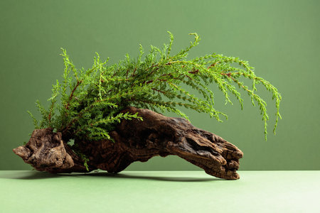 Old snag and juniper branches on a green background. Mockup for eco products advertising.
