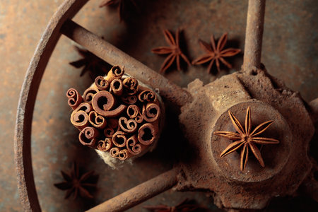 Cinnamon sticks and anise on a rusty background. Top view.の写真素材