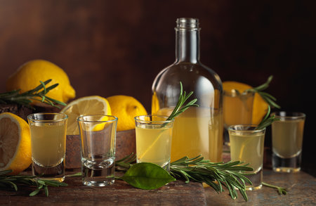Italian liqueur Limoncello with fresh lemons and rosemary branches on a brown background.の写真素材