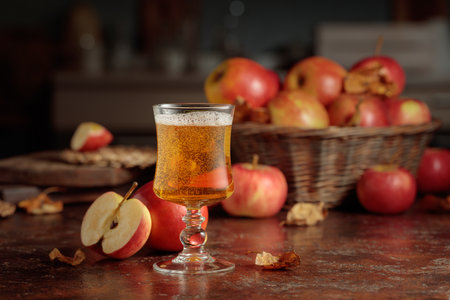 Apple cider with apples on an old kitchen table.