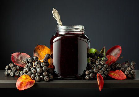 Chokeberry jam and fresh berries with leaves on a black background.の写真素材