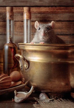 A charming rat peeks out of an antique brass pot. In the background, there is a wooden wall and bottles of spiced oils.の写真素材