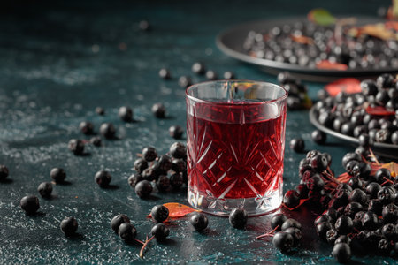 Black chokeberry drink and fresh berries on a dark blue background.の写真素材