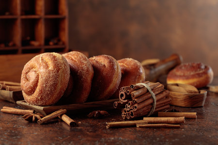 Unique Swedish cinnamon rolls on a brown background. Copy space.の写真素材