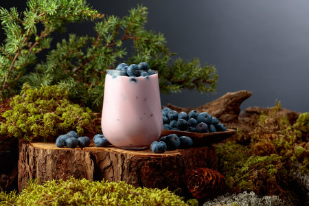 Blueberry smoothie in glass and fresh berries on a pine stump. Healthy eco food from the heart of the forest. Concept of eco food. Copy space.の写真素材