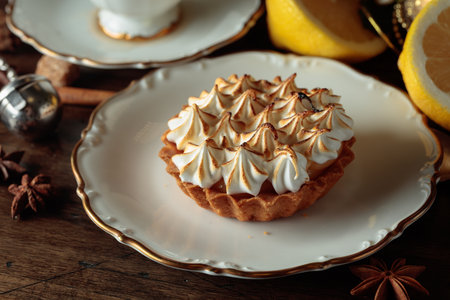 Close-up of meringue tartlet on a white saucer.の写真素材