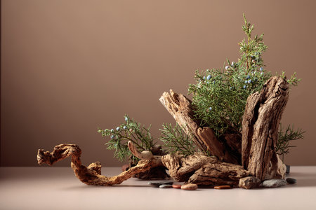 Nature scene with a composition of juniper and dry snags. Neutral beige background for cosmetic, beauty product branding, identity, and packaging. Natural pastel colors. Copy space, front view.の写真素材