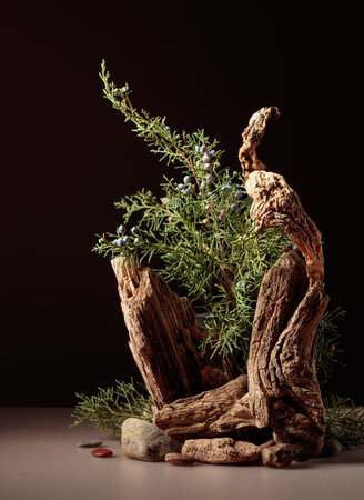 Nature scene with a composition of juniper and dry snags. Dark background for cosmetic, beauty product branding, identity, and packaging. Copy space, front view.の写真素材